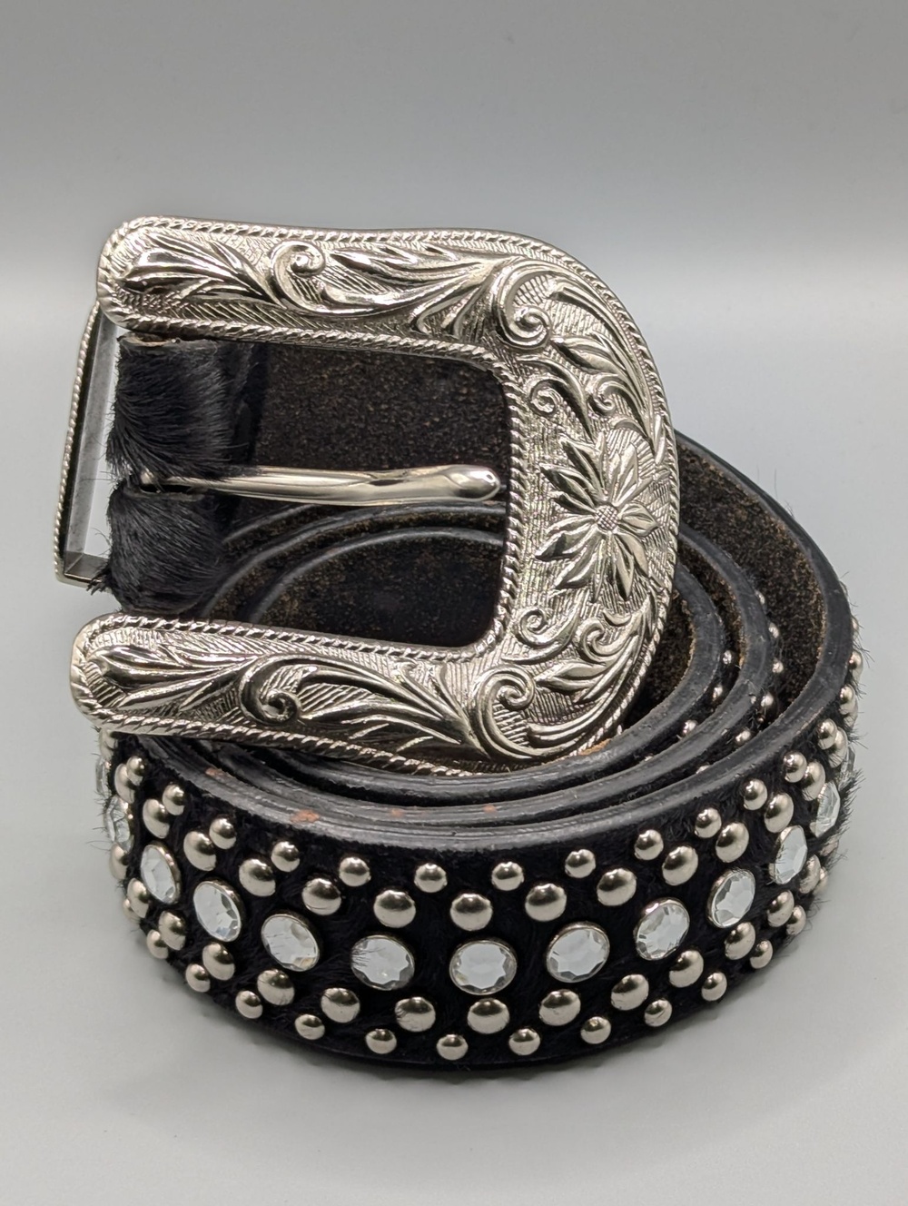 3D Belt Co Angel Ranch 36 Black Leather Hair on Hide Rhinestone Rodeo Cowgirl